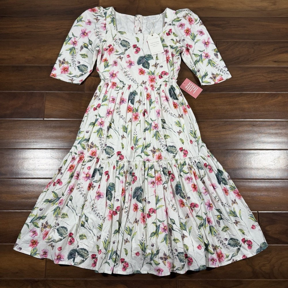 Ivy City Co Women's Size Small White‎ Floral Butterfly Cora Tiered Midi Dress
